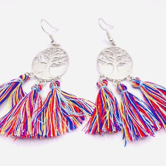 Silver Tree pendant colorful Long Tassel Earrings - Picture 2 of 4